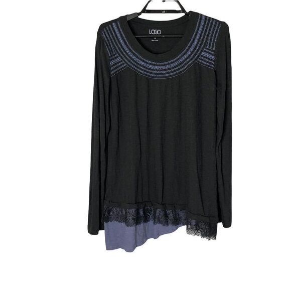 LOGO Lori Goldstein Black Asymmetrical Lace Long Sleeve Tee - Picture 1 of 8